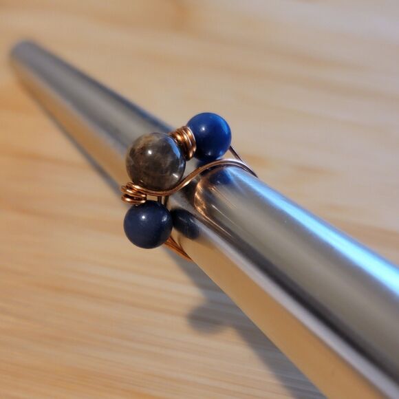 Handmade Labradorite and Blue Aventurine Copper Wire Wrapped Ring Non-Adjustable - Picture 3 of 6